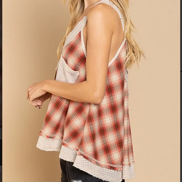 POL PLAID TANK TOP WAFFLE KNIT TRIM V NECK LOW BACK SWING TANK SUMMER TOP BR34 - Picture 3 of 5